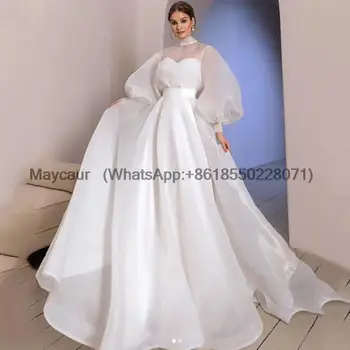 Элегантные свадебные платья из органзы с коротким вырезом и пышными рукавами, простое и чистое платье невесты Vestido De Novia 2023 Изображение